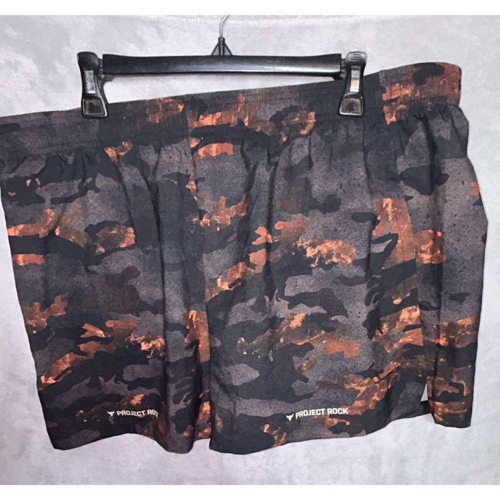Under Armour Project Rock Shorts Mens 2XL Orange Black Camo Athletic Gym